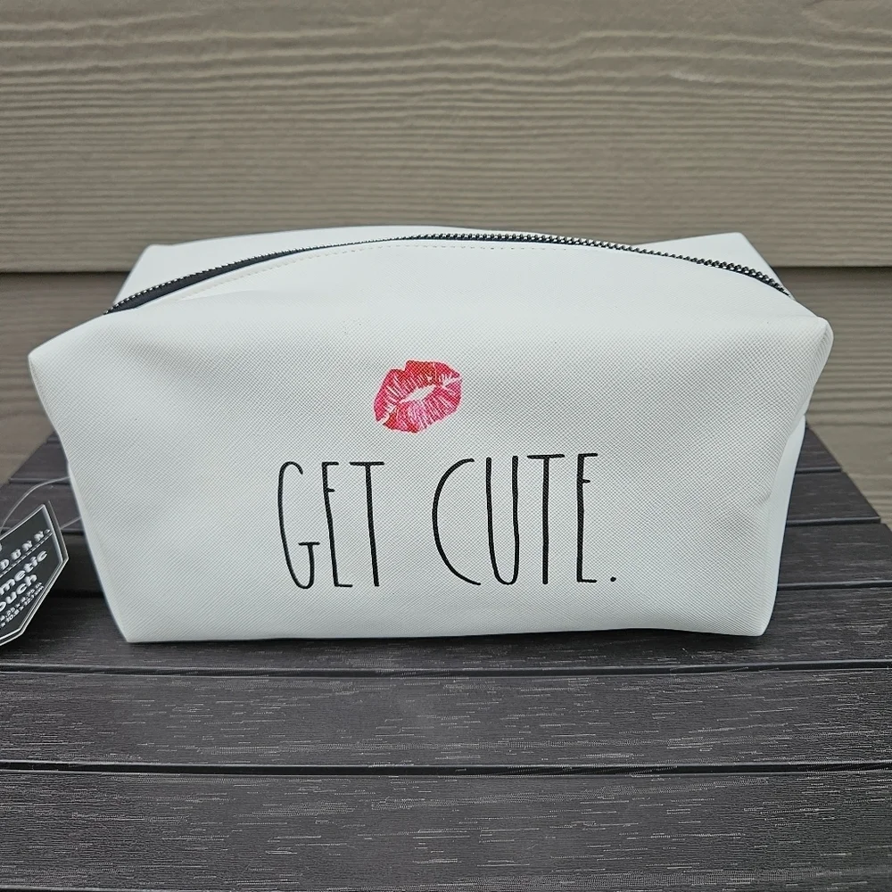 NEW! Rae Dunn “GET CUTE” Cosmetics Makeup Case Bag Pouch White Red Kiss Lips